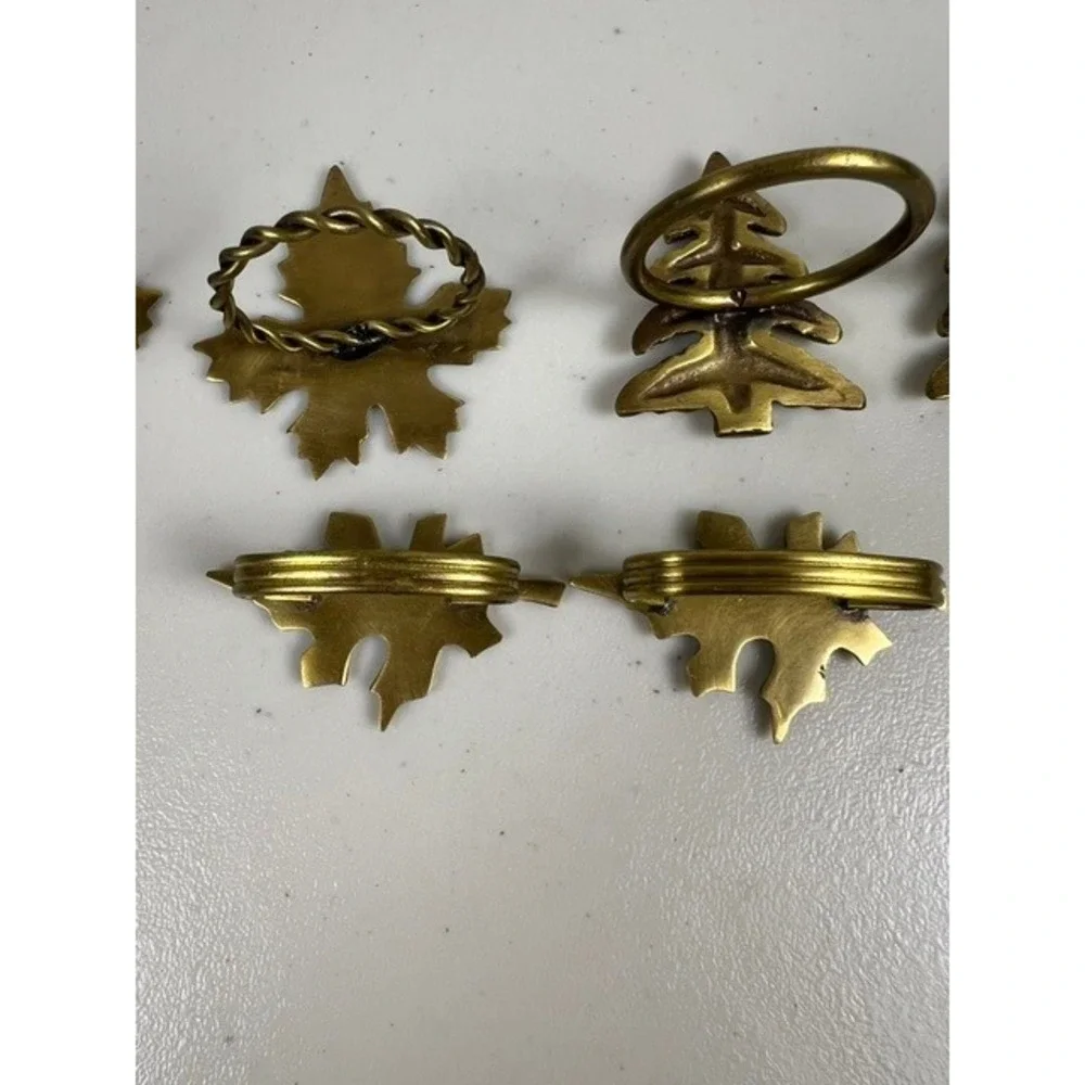 Vintage Brass‎ Napkin Rings Set of 6 Mixed Leaves and Christmas Trees Gold Tone